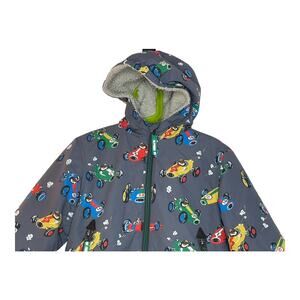 Mini Boden Race Cars Dogs Gray Sherpa Jacket Hood Zip Pockets Size 2-3 yr